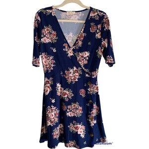 Women's Size M Blue & Blush Floral Stretch Faux Wrap Summer Dress
